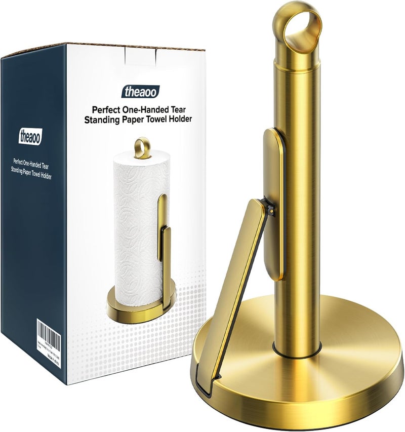 theaoo Heavy-Duty Stainless Steel Paper Towel Holder with Tension Arm – Easy One-Handed Tear, Modern Standing Countertop Dispenser for Kitchen, Holds All Paper Towel Rolls (1, Gold) - Image 1